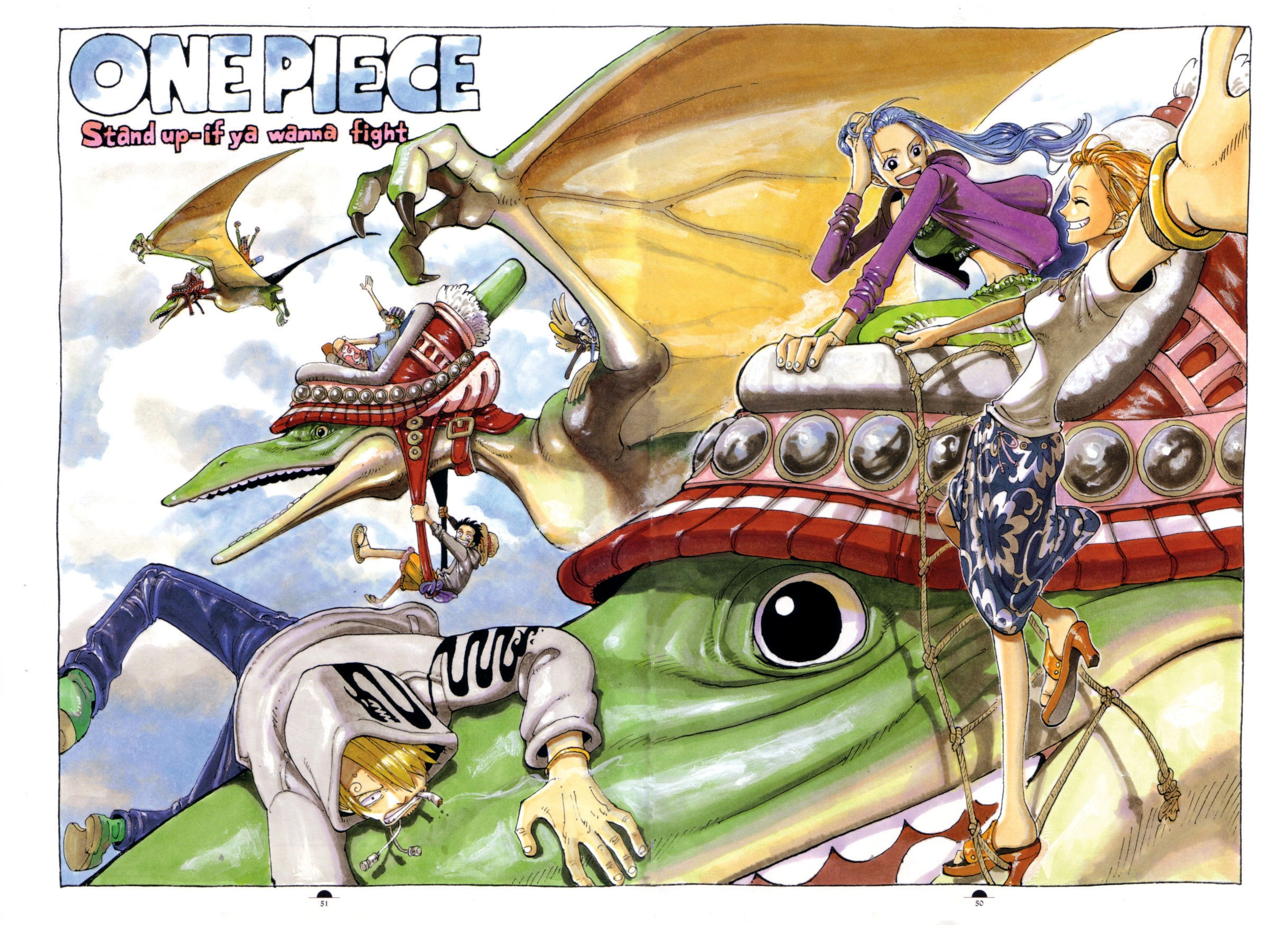 A one piece colour spread from the chapter 128, featuring Nami, Vivi, Sanji, Luffy, Usopp, Kaoru and Zoro riding flying dinosaurs